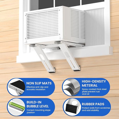 Air Conditioner Support Bracket: Heavy Duty with 2 Arms, Up to 220 lbs, Universal Window Units for 5,000 to 24,000 BTU, Anti-Slip AC Window Bracket with Level Indicator