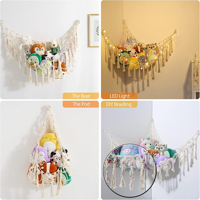 Stuffed Animal Storage Macrame Boho Plush Toy Net Hammock for Stuffed Animals with Light Pet Net for Stuffed Animals Corner Hanging Stuffed Animal Holder Teddy Bear Net for Kids Room (White-1)