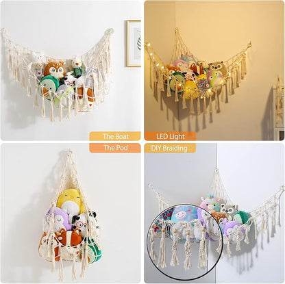 Stuffed Animal Storage Macrame Boho Plush Toy Net Hammock for Stuffed Animals with Light Pet Net for Stuffed Animals Corner Hanging Stuffed Animal Holder Teddy Bear Net for Kids Room (White-1)