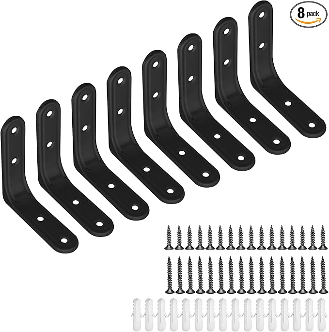 8pcs 3 Inch Heavy Duty L Brackets - 90 Degree Wall Mount Right Angle Corner Braces for Shelves, Wood, Cabinets - Black Powder Coated Steel Shelf Supports with Mounting Screws Included