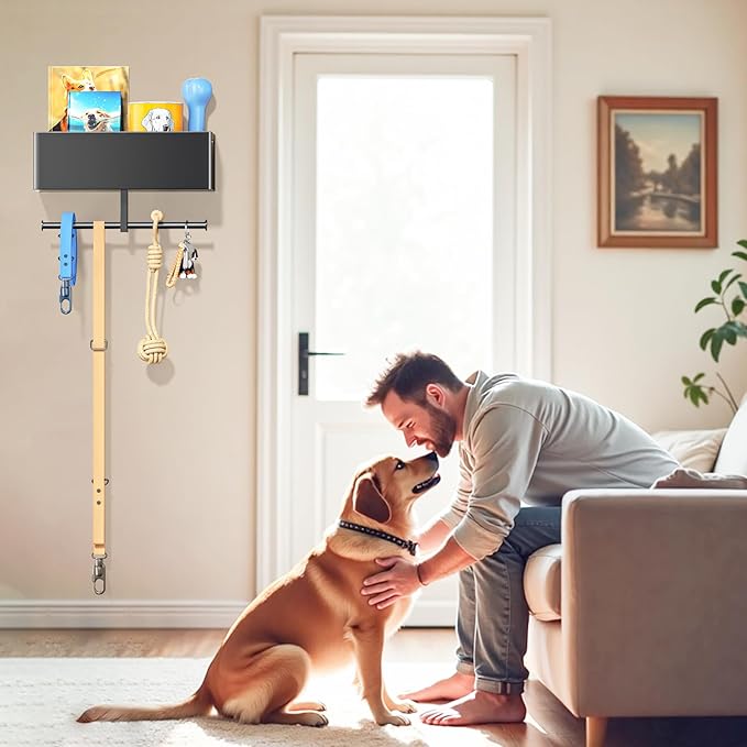 Dog Leash Holder for Wall, Dog Leash Hooks, Wall Mounted Leashes Hangers, Dog Storage Organizer, Key Holder with Storage Shelf, Pet Stuff Organizer for Pet Toys, Collar, Treats, Poop Bag (Black)