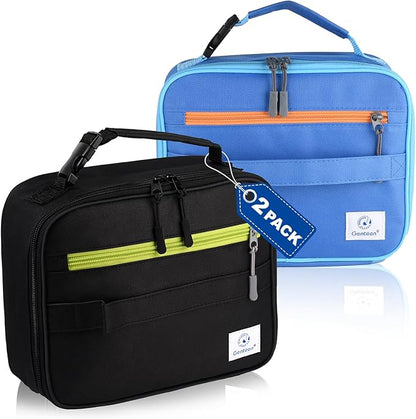Genteen 2 Packs Insulated Soft Lunch Bag With Double Zipper - Sturdy, Freezable and Reusable for Kids, Men - For School, Work, Outdoor (Black & Blue)