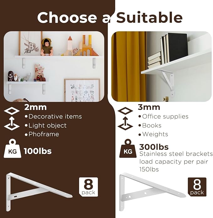 Shelf Brackets Heavy Duty, 8 Pack White 12 inch Floating Shelf Bracket, Max Load 300 lbs of Metal Triangle Decorative Shelf Support Brackets for Wall Mount