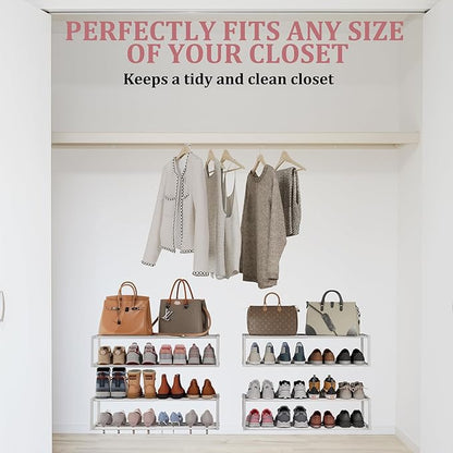 2 Pack Expandable Wall Mounted Shoe Rack, 17"-31" Adjustable Hanging Shoe Rack Holds 16 Pairs, Heavy Duty Metal Shoe Holder with 4 Storage Hooks, Space Saving for Entryway Closet Doorway（White
