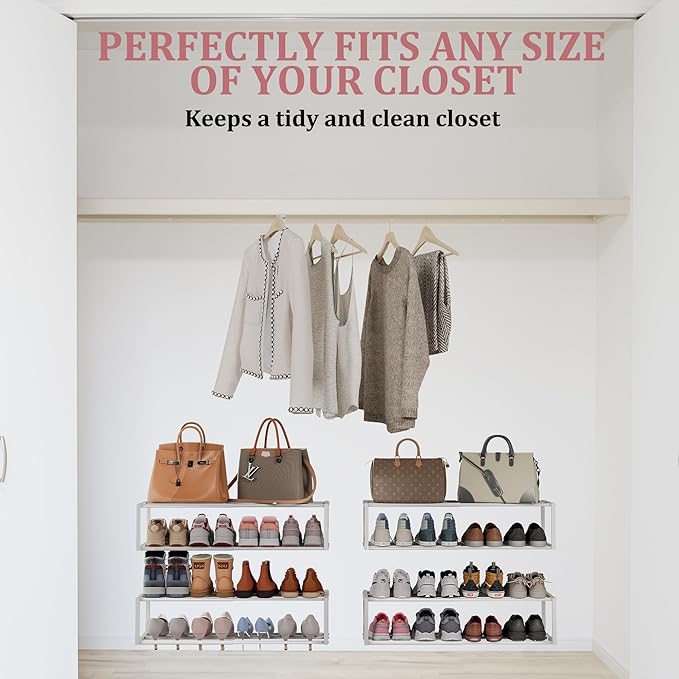 Expandable Wall Mounted Shoe Rack, 17"-31" Adjustable Hanging Shoe Rack Holds 8 Pairs, Heavy Duty Metal Shoe Holder with 2 Storage Hooks, Space Saving for Entryway Closet Doorway（White）