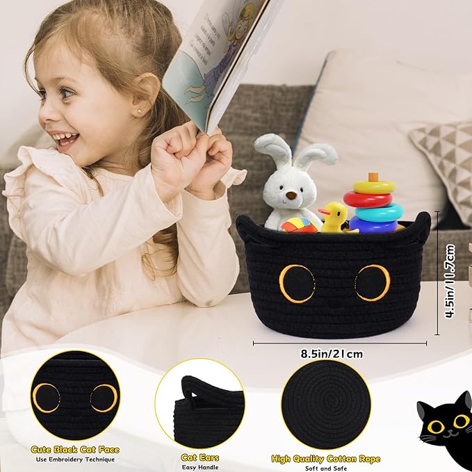 Small Storage Basket, Black Cat Cotton Rope Baskets Woven Blasket for Nursery, Blanket Basket Baby Toy Storage Organizer With Ears for Gifts Cat Dog Bin Toys 8.5×4.5 inches