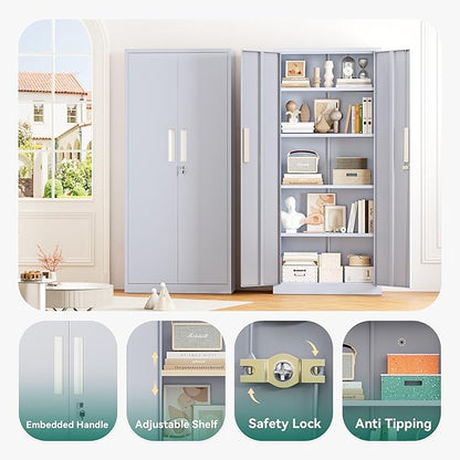 Greenvelly Metal Storage Cabinet, 63" H Locking Metal Storage Cabinet with Doors and 4 Shelves, Lockable Steel Cabinets for Kitchen, Bedroom, Living Room, Office (Dark Grey)