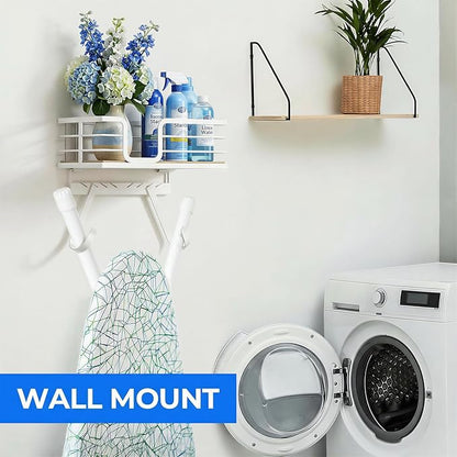 TJ.MOREE Over The Door/Wall Mount Ironing Board Hanger, Laundry Room Iron and Ironing Board Caddy Storage for Water Mister, Fabric Sprays, Laundry Detergent, White