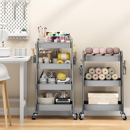 TOOLF 4 Tier Rolling Cart with Pegboard, Metal Storage Organizer Cart with Wheels, Hooks & Bins Esthetician Craft Art Sturdy Storage for Bathroom, Kitchen, Office, Nursery Diaper