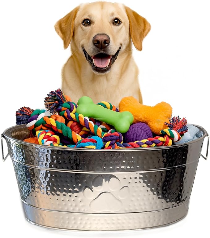 BREKX Stainless Steel Indestructible Dog Toy Bin - Pet Storage Bin with Handles, Large Organizer Storage Basket for Pet Toys, Blankets, Leashes - Pawprint Design Home Decor (Silver - 25 Quart)