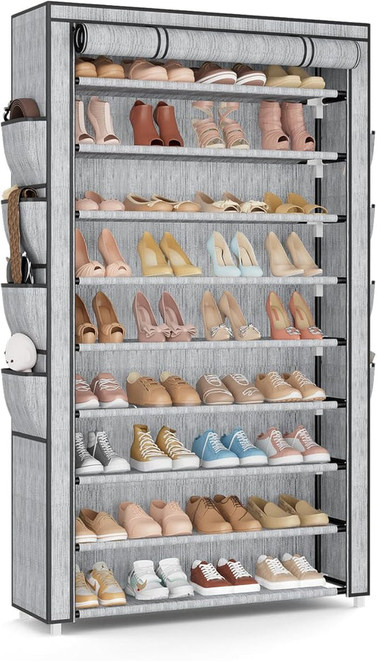 Shoe Rack with Cover, 10 Tier Shoe Organizer Storage for 40-50 Pairs Sneaker and Boots, Large Capacity, with 8 Pockets, Free Standing Tall Shoe Rack for Front Door Entrance, Closet, Printing