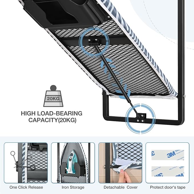 KINGBOARD Over Door Ironing Board, Hanging Ironing Board with Iron Holder, 36" X 12" Compact Fold Down Iron Board for Small Spaces, Removable Heat Resistant Cover, Blue