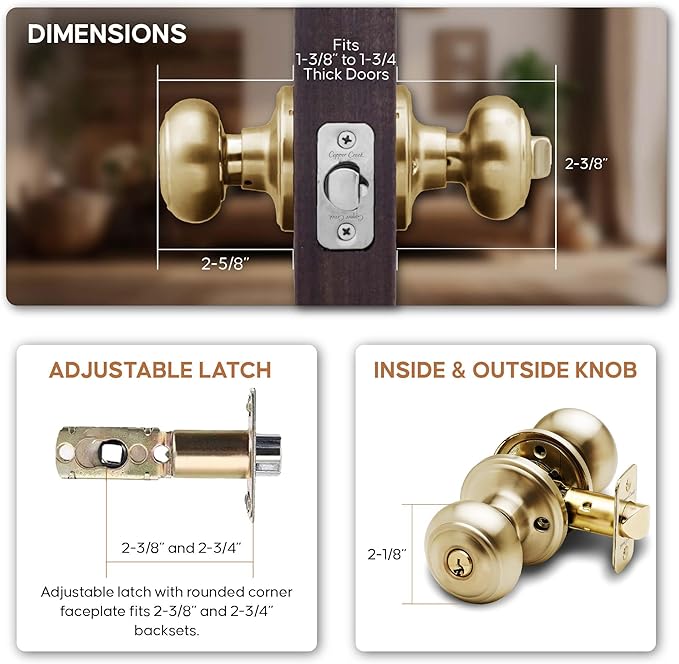 Copper Creek Colonial Entry Door Knob – Keyed Entry Handle with Lock and Key, ANSI Grade-3 Certified, DIY-Friendly Install for Interior and Exterior Entrance Doors – Polished Brass (1 Pack)
