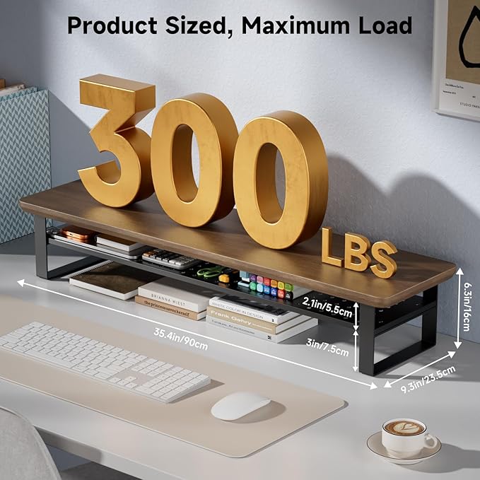 Dual Monitor Stand, 35.4 Inch Monitor Stand Riser for 2 Monitors, 2 Tiers Wood Desk Shelf with Storage, Desktop Organizer Stand for Computer, Laptop, Printer, TV (Black Walnut, 35.4in)