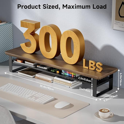 Dual Monitor Stand, 35.4 Inch Monitor Stand Riser for 2 Monitors, 2 Tiers Wood Desk Shelf with Storage, Desktop Organizer Stand for Computer, Laptop, Printer, TV (Black Walnut, 35.4in)