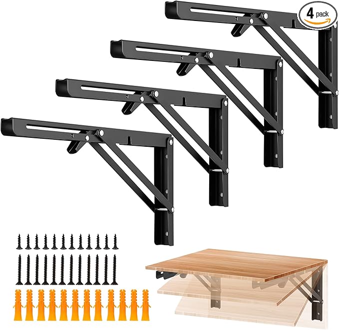 Ravinte 4 Pack 14 Inch Folding Shelf Brackets – Matte Black, Heavy Duty Collapsible Brackets for Tables and Benches – Space-Saving Design