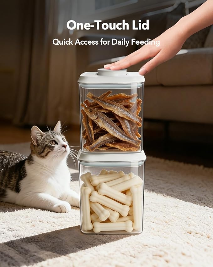 Dog Food Storage Container with One-Touch Lid, 4.22 QT / 4.0 L BPA-Free Cat Food Storage Container，Stackable Durable PET with 130ml Scoop, for Kibble, Treats, and Precise Feeding