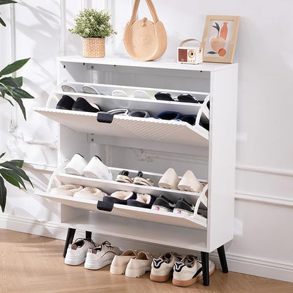 Shoe Cabinet Storage, Farmhouse Freestanding Organizer with 2 Flip Drawers and 4 Wooden feet, Narrow Shoe Rack Cabinet for Entryway, Foyer, Hallway, White