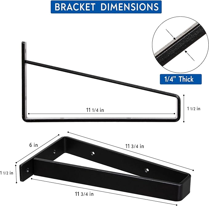 Premium Heavy-Duty Shelf Brackets - Quarter Inch (1/4") Thick - Rustic Industrial Modern Farmhouse Black Iron Finish Open Shelving Holder Hanger w/ Hardware, 4-PK (Ultra Heavy Duty, 12")
