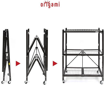 Origami 2-Pack General Purpose Foldable 3-Tier Shelf Storage Rack & Wheels, R3, Black