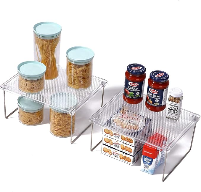 IVYHOME Pantry Organizer, Cabinet Storage Shelf Rack, Stackable Kitchen Cabinet, Foldable Countertop Shelf Organizer, 2 Pack