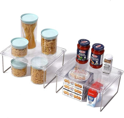 IVYHOME Pantry Organizer, Cabinet Storage Shelf Rack, Stackable Kitchen Cabinet, Foldable Countertop Shelf Organizer, 2 Pack