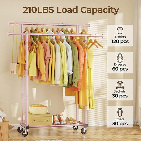 Double Rods Clothes Rack, Sturdy Rolling Clothing Rack, Portable Clothing Racks for Hanging Clothes - Metal Garment Rack Wardrobe Coat Rack for Bedroom Laundry Living Room, Pink