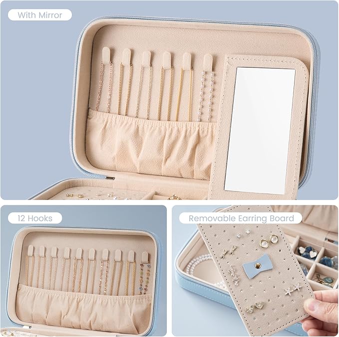 Lolalet Travel Jewelry Case for Women Girls, Travel Jewelry Organizer Box with Mirror & Clear Storage Bag, Small Portable Earring Necklace Bracelet Ring Case, Birthday Valentine Gifts -Medium, Blue