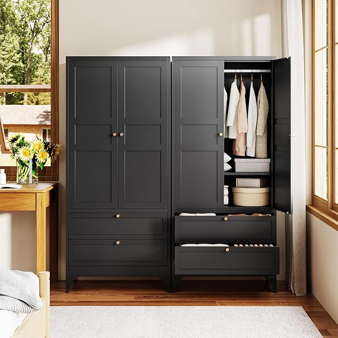 Letaya Metal Wardrobe Cabinets with 2 Drawers,71" Tall Armoire Wardrobe Closet with Doors and Shelves,Large Coat Closet Cabinet with Hanging Rod,Clothing Storage Cabinets for Bedroom,Home Office