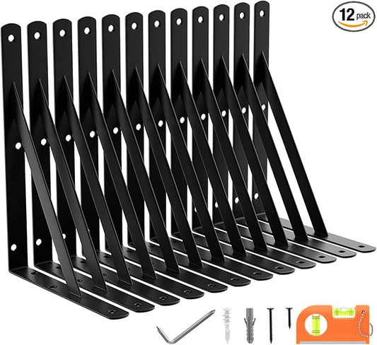 12-Pack 11 Inch Heavy Duty Shelf Brackets, Large Floating Wall Bracket for Garage Storage Shelves, Black Powder-Coated Finish, Load Capacity 800lbs