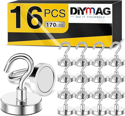 DIYMAG Magnetic Garage Hooks 16 Pack 170lbs 2026 Cruise Cabin Ship Essentials Hook Heavy Duty Strong Magnets Fridge for Classroom Wall Mount Kitchen Grills Silver