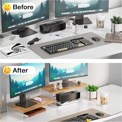 Adjustable Monitor Stand Riser with Acrylic Legs丨15.74" Length Dual Monitor Stand for Desk丨2-Tier Wood Desktop Organizer for Computer, Laptop, Printer & PC丨Modern Aesthetic Desk Shelf(wood-wavy)