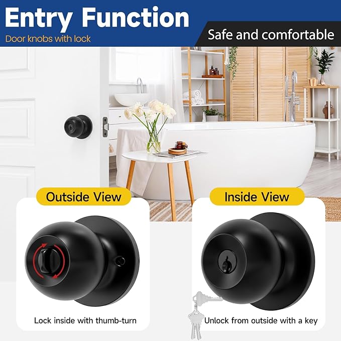 Matte Black Door Knobs with Lock and Key，Exterior and Interior Door Lock for Bedroom, Entry Door Handle for Front Door, Not Keyed Alike, 3 Pack