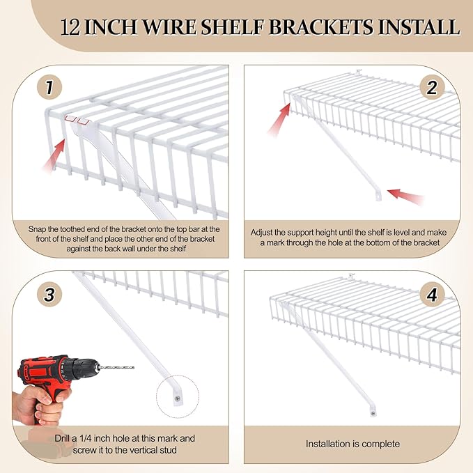 3 Pack 12 Inch Support Brackets for Wire Shelving Wire Shelf Brackets +12 Pcs Wire Shelf Clips, with Anchors and Pins for Installation Wire Shelving Support Brackets for Support Closet Wire