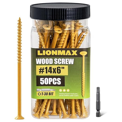 LIONMAX Deck Screws #14 x 6 Inch, 50 PCS, Long Wood Screw, Rust Resistant, Exterior Epoxy Coated for Outdoor Decking, Torx/Star Drive Head, T30 Star Bit Included