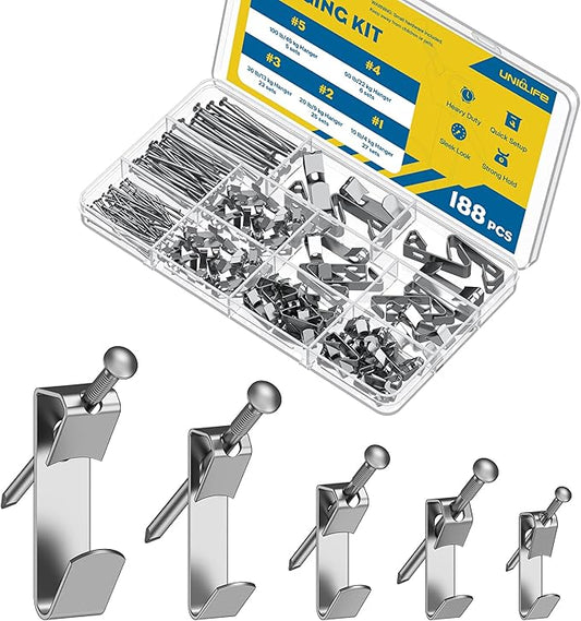 Uniclife 188 Pcs Picture Hanging Kit, 10 lb, 20 lb, 30 lb, 50 lb, 100 lb Heavy Duty Picture Hangers for Drywall & Wood, Picture Hanging Hooks, Frame Hooks for Hanging Photos Mirrors Paintings Silver