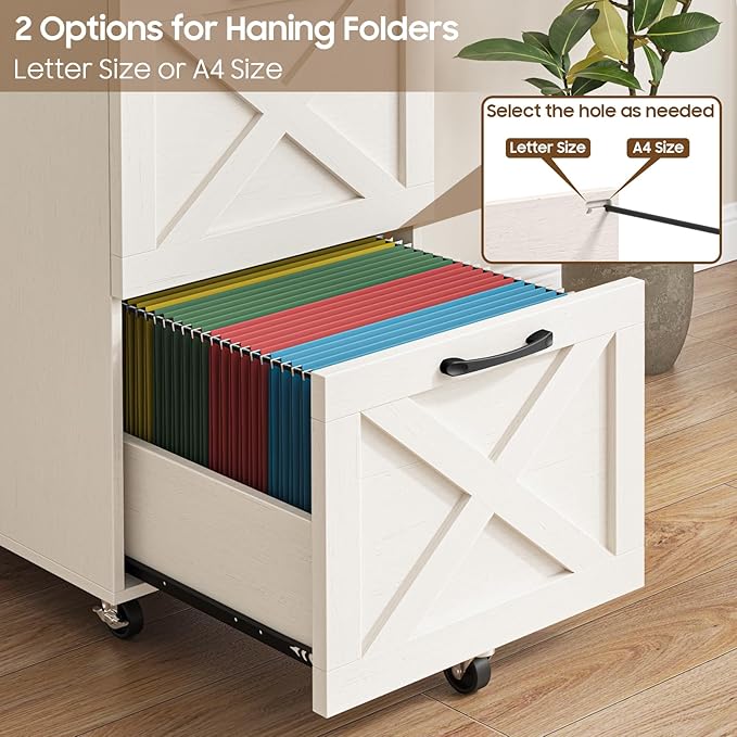 2 Drawer Small File Cabinet with Wheels, Farmhouse Vertical Filing Cabinet Fits A4/Letter Size, Under Desk Rolling File Cabinets for Home Office, Wooden Printer Stand, Rustic White