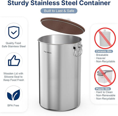 35 Lbs Stainless Steel Dog Food Storage Container with Airtight Wooden Lid & Ceramic Bone Handle, Large Metal Dog Food Bin, Pet Treat Jars for Dogs & Cats, Keep Fresh, Easy to Clean