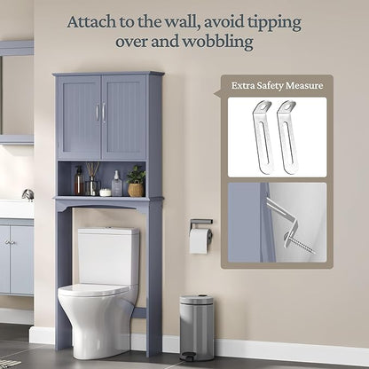 Yaheetech Over The Toilet Bathroom Cabinet with 2 Doors & Adjustable Shelf, Free Standing Toilet Rack Space-Saving, L24.5xW9xH66 Inches, Grey