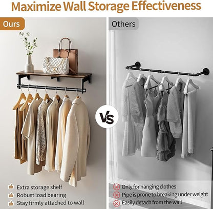 Luxspire Clothes Rack 28.7inch, Wall Mounted Garment Racks with Top Shelf for Hanging Clothes, Heavy Duty Industrial Pipe Garment Rack, Laundry Room Shelves Closet Storage, Black + Brown