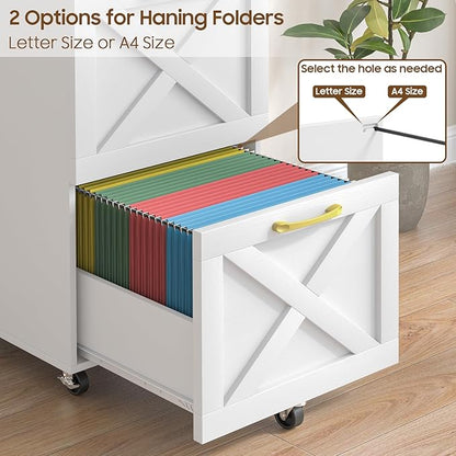 2 Drawer Small File Cabinet with Wheels, Farmhouse Vertical Filing Cabinet Fits A4/Letter Size, Under Desk Rolling File Cabinets for Home Office, Wooden Printer Stand, White