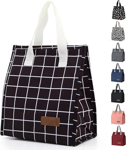 TELLUMO Lunch bag, Insulated Lunch Bag for Women Men Large Lunch Box Container Reusable Leakproof Tote for Office, Work, School, Beach or Travel (Black Grid)