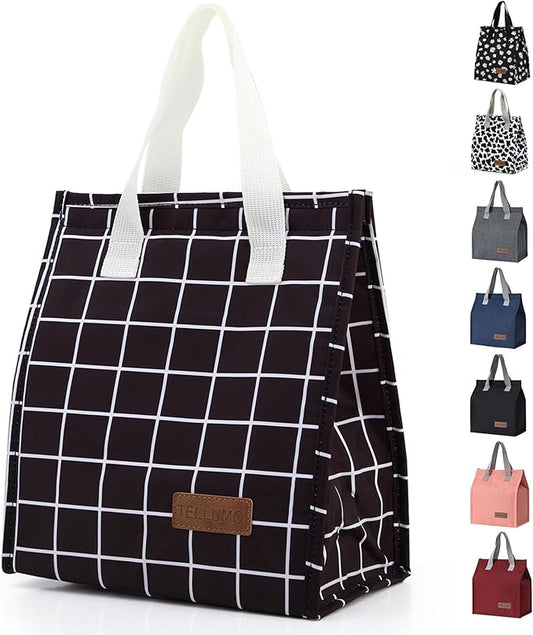 TELLUMO Lunch bag, Insulated Lunch Bag for Women Men Large Lunch Box Container Reusable Leakproof Tote for Office, Work, School, Beach or Travel (Black Grid)