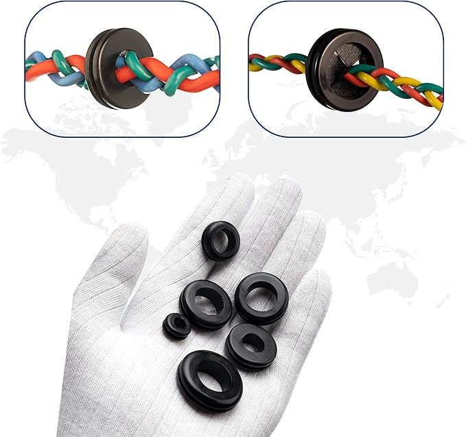 Rubber Grommet kit- Pack of 190 in 2 Types of Rubber Grommets for Wiring Including 2 Sizes of Hole Plugs & 8 Sizes of Wire Grommets- Firewall Grommet kit Handles Complete Safety & Sealing.
