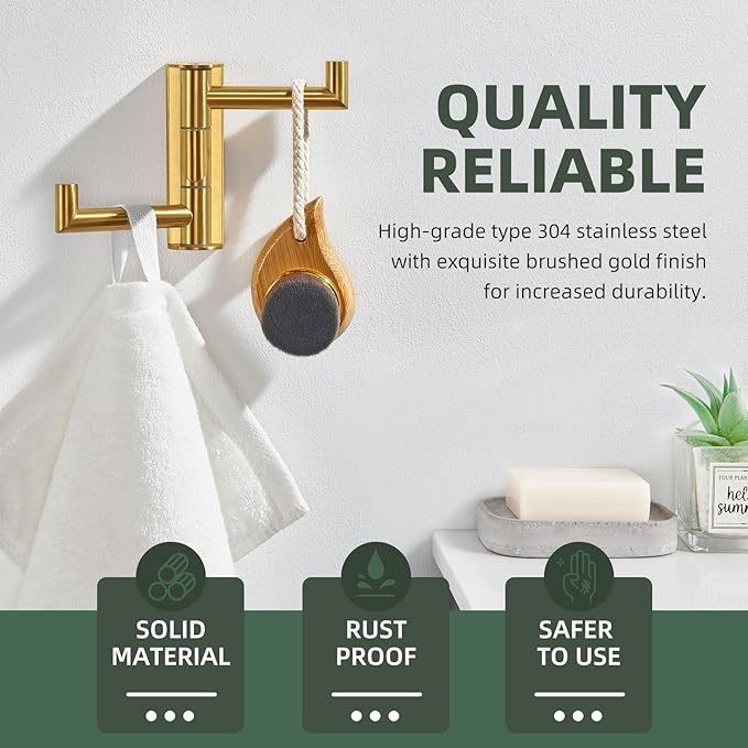 Angle Simple 3 Arms Towel Hook Brushed Dark Gold, 304 Stainless Steel Swivel Triple Towel Holder, Folding Bathroom Hook, Wall Mount