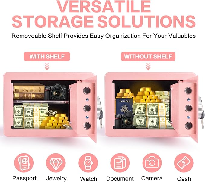 0.6 Cubic Feet Biometric Safe, Fingerprint Safe W/Fireproof Bag, Removable Shelf, Alarm System, Digital Electronic Money Box for Cash, Document, Home, Hotel Use,Pink, 9.84"D x 13.78"W x 9.84"H