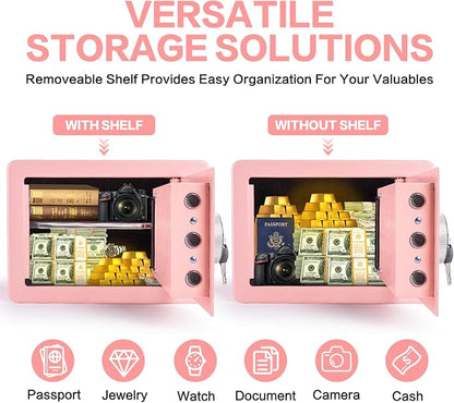 0.6 Cubic Feet Biometric Safe, Fingerprint Safe W/Fireproof Bag, Removable Shelf, Alarm System, Digital Electronic Money Box for Cash, Document, Home, Hotel Use,Pink, 9.84"D x 13.78"W x 9.84"H