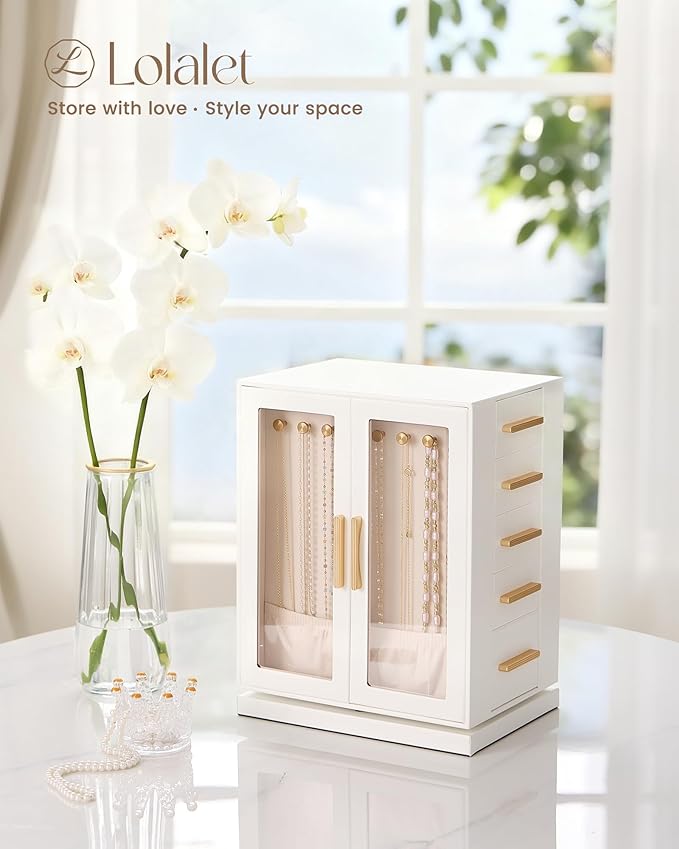Lolalet Rotating 360° Jewelry Box, Clear Window Jewellery Storage for Earrings Bracelets Necklaces Rings, Large Vertical Organizer for Women, Valentine's Day Gift -White