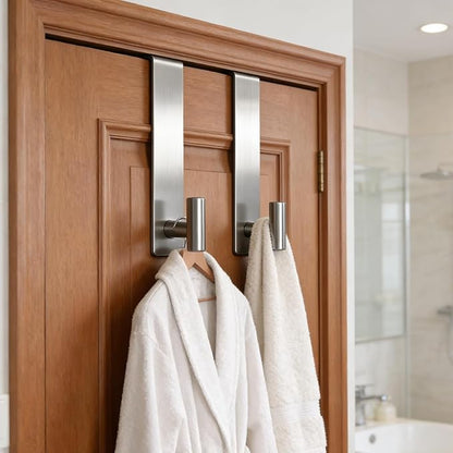PMMASTO 2-Pack Over The Door Hooks - Rustproof Stainless Steel Door Hangers for 1-3/4 Inch Doors, Non-Marking and Tool-Free Easy Install (Silver, T Shape-Fits 1-3/4" Thick Door)