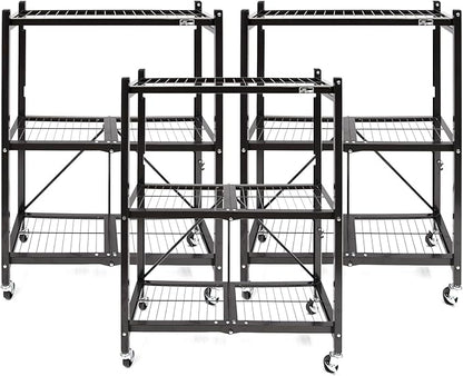 Origami 3-Pack General Purpose Foldable 3-Tier Shelf Storage Rack & Wheels, R3, Black